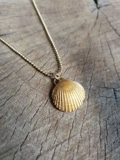 A sea shell necklace made of natural shells casted in brass and plated with quality, nickel free 14k gold plating. The necklace is made of 14k gold filled. Ocean-inspired Gold Shell Charm Necklace, Ocean-inspired Gold Shell Charm Necklaces, Dainty Gold Shell Charm Necklace, Dainty Gold Shell Jewelry, Delicate Gold Necklace For Beach, Dainty Gold Shell-shaped Necklace, Necklace Gold Pendant, Sea Shell Necklace, Necklace Shell