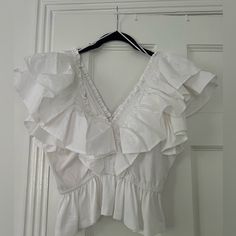 Never Worn! Perfect For End Of Summer Elegant Vacation Blouse With Ruffles, Elegant Ruffled Blouse For Vacation, Elegant Ruffled Tops For Vacation, Zara Ruffled Tops For Brunch, Zara Ruffled Blouse For Brunch, White Ruffled Blouse By Zara, Zara Ruffled Tops For Vacation, Zara Ruffle Top, Zara White