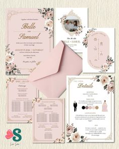 wedding stationery with pink flowers and gold trimmings on the front, in an elegant