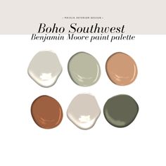 four different shades of paint on white paper with the words boho south west written in black