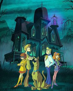 scooby and friends standing in front of a creepy house