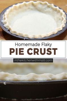 homemade flaky pie crust in a cast iron skillet on a wooden table