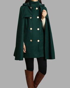 * A cool and long wool cape coat with hood, very elegant.* With double row gold color buttons and two pockets, fully lined.* If you want black buttons, please let us know, thanks.* Stand up collar, more warmer.* Material: out shell - 50% wool, 50% polyester; lining - 100% polyester* Care: dry cleanable* Shop sizing chart FYI ( made according to US sizing. actual body figures, not laying flat clothes measurements)Size XS (US 2, UK 6, German 32, French 34, )Bust: fits bust around 33.5 inches/85cmW Hooded Green Cape For Fall, Green Cape Outerwear For Fall, Green Hooded Cape For Fall, Green Fall Cape Outerwear, Green Cape For Fall, Hooded Wool Cape For Winter, Green Winter Cape Outerwear, Wool Long Coat Cape For Winter, Winter Wool Long Cape Coat