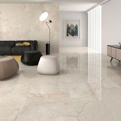 a living room with marble floors and furniture