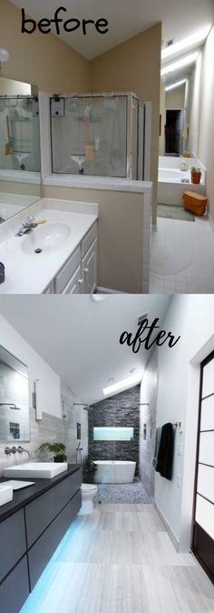 before and after photos of a bathroom remodel with white cabinets, gray countertops, and wood flooring