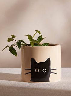 a planter with a black cat face on it's side, sitting on a table