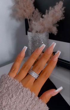 Nails Acrylic French Tip White, White Tip Long Acrylic Nails, Long White Acrylic Nails French Tips, Ballerina White Tip Nails, White French Coffin Nails, Deep V Cut French Tip Nails, White Glitter French Tip Nails Long, Trendy Nails Ballerina, French Nails Ballerina