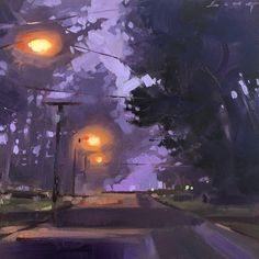 an oil painting of street lights and trees