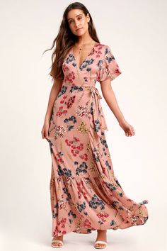 Mystic Mondays Mauve Floral Print Wrap Maxi Dress Feminine Fitted Maxi Dress For Brunch, Feminine Long Dress For Beach, Casual Fitted Floor-length Dresses, Feminine Fitted Maxi Dress For Beach, Feminine Fitted Maxi Dress For Vacation, Long Dresses For Garden Party, Chic Fitted Floral Print Maxi Dress, Feminine Long Maxi Dress For Spring, Feminine Full-length Spring Maxi Dress