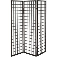 a black room divider with squares on the top and bottom, in front of a white background