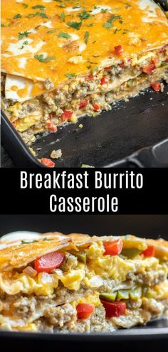 breakfast burrito casserole is shown in two different pictures, one with cheese and the other with vegetables