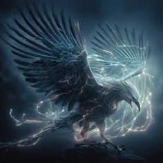 an eagle with its wings spread out in front of a dark sky and lightning bolt