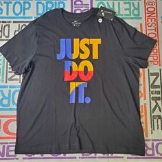 Nike Just Do It Tee Black Sz 3xl Nike Black Shirt With Letter Print, Nike Black Shirt For Streetwear, Casual Nike Black T-shirt, Casual Black Nike T-shirt, Nike Black Casual Shirt, Nike Tshirts, Black Air Force 1, Just Do It Nike, Shirts Nike