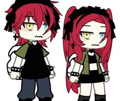 two cartoon characters with red hair and black clothes, one is wearing a green shirt