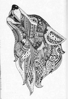 a black and white drawing of a wolf's head with intricate patterns on it