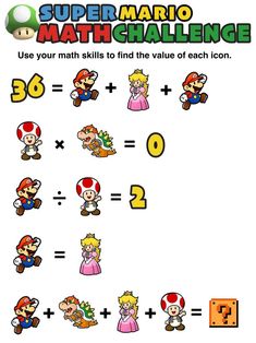 the super mario math game is shown with numbers and symbols on it's side