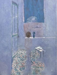 a painting of a person standing in front of a bath tub with a blue wall