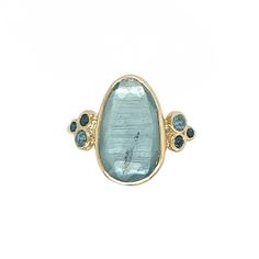 A baby blue Aquamarine is Set in 14k yellow gold with a pair of deep blue and teal sapphires and vibrant blue zircons. Emily's handmade seagrass band finishes this stunning piece. Approx stone size: 15 mm x 9mm Approx stone weight: 4.1cts Mohs Hardness: 7.5-8 This one of a kind piece is handmade to order in Emily's Hudson Valley studio. If you have questions about sizing, shipping or need help deciding please reach out to us! Turquoise Sapphire Ring With Accent Stones, Oval Blue Multi-stone Emerald Ring, Fine Jewelry Turquoise Sapphire Ring With Accent Stones, Unique Yellow Gold Sapphire Ring With Accent Stones, Blue Multi-stone Emerald Ring For Anniversary, Blue Emerald Ring In 14k Gold, Blue Multi-stone Aquamarine Jewelry, Blue Aquamarine Multi-stone Jewelry, Blue 14k Gold Jewelry With Gemstone Accents