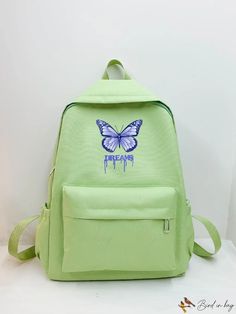 BirdinBag - Functional Backpack with Butterfly & Letter Graphics Green Softback Bags For Back To School, Green Standard Backpack For School, Green Backpack For Back To School, Large Capacity Green Bags For School, Back To School Large Capacity Green Bag, Green Softback Shoulder Bag For Back To School, Green Rectangular Backpack For Study, Green Bags For Back To School, Trendy Green Standard Backpack