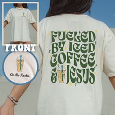 This retro themed wavy font Christian iced coffee shirt is a great gift for the girl who loves Jesus and coffee, or pick one up for yourself.  ❤️Love the design and want it in a sweatshirt? We got you covered. Tap here:   SHORT SLEEVE TSHIRT FIT: ⚡️TAPERED SHOULDERS - so it retains its shape even after washing. ⚡️CREW NECKLINE adds a timeless, classic touch and a neat appearance that is perfect for showcasing accessories like necklaces or scarves.  COMFORT / QUALITY / MATERIAL ⚡️Soft cotton & qu Barista Uniform, Iced Coffee Shirt, Jesus And Coffee, Coffee And Jesus, Wavy Font, Christian Tshirt Design, Tshirt Design Inspiration, Jesus Bible, Jesus Tshirts