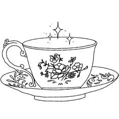 a tea cup and saucer with flowers on the side, in black and white