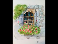 a drawing of a window with flowers in it