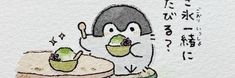 a drawing of a penguin with an apple on top of a cake that is half eaten