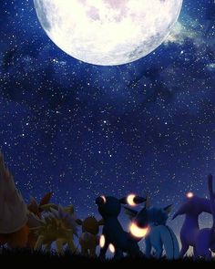 some pokemons are standing in the grass under a full moon