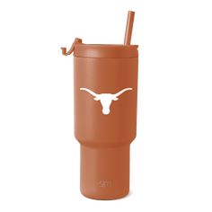 the texas longhorns travel tumbler is shown with a straw in its mouth