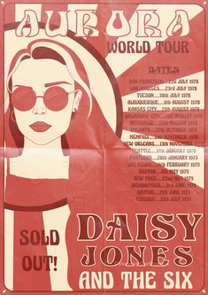 an old poster with the words, daisy jones and the six ladies in red glasses