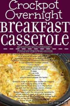 the recipe for crockpot overnight breakfast casserole is shown in this poster