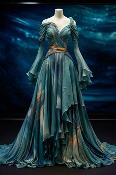 Neptune planet inspired gown Short Bodice Dress, Blue Fantasy Gown, Water Inspired Dress, Fantasy Ball Gowns, Losing Touch With Reality, Elvish Dress, Goddess Dresses, Neptune Planet, Fantasy Ball