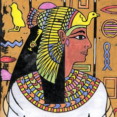 an egyptian woman with large headdress in front of gold and black art work