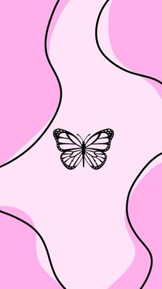 a black and white butterfly flying over a pink background with wavy lines in the foreground