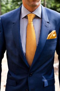 Very different but would look amazing in a country style wedding Groomsman Attire, Grooms Suits, Style College, Yellow Tie, Navy Suit, Orange Wedding, Groomsmen Attire, Groom Wear, Wedding Suit