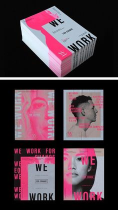 the front and back cover of a book with pink ink on it, which reads we work for women