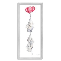 a painting of two elephants holding balloons in the shape of animals with their trunks hanging from them