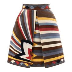 EMILIO PUCCI c.1960’s Multi-color Velvet Signature Print A-Line Pleated Skirt Circa: 1960’s Label(s): Emilio Pucci / Exclusively for Sak’s Fifth Avenue. Style: A-line skirt Color(s): Shades of brown, cream, yellow, red, blue, grey and black. Lined: Yes Marked Fabric Content: 100% Cotton Additional Details / Inclusions: Front pleated skirt with darts at waistline; banded waistline; left seam zipper with hook and eye closure at top; lined; cotton velveteen fabric. Made In: Italy Additional Packagi 1970’s Skirt, 70s Prints, 70s Skirt, Pucci Vintage, Skirt Ideas, Symmetrical Design, Cream Yellow, Velvet Skirt, Printed Maxi Skirts