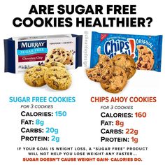 an advertisement for cookies and chips with the price tag below it, which reads are sugar free cookies healthier?