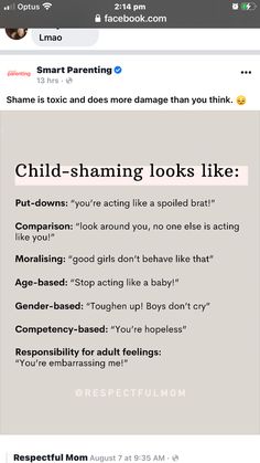 an image of someone's facebook page with the caption child - shaming looks like