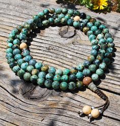 African Turquoise Mala Prayer Beads Buddhist Mala, Mala Bead Necklace, 108 Mala Beads, African Turquoise, 108 Bead, Yoga Jewelry, Mala Necklace, Black Jewelry, Engraved Jewelry