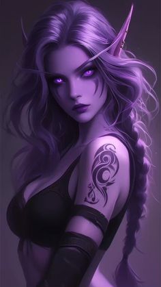 a woman with purple hair and horns on her head