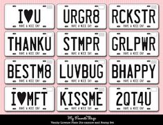 six license plates with the words i love you in black and white, on a pink background