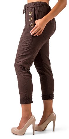 Lightweight Cropped Pants with Tie Waist. Features Golden Grommets on Front Pockets. 77% Viscose | 20% Nylon | 3% Elastane Made in Italy One Size Model 5'7" Stretch Brown Bottoms With Side Pockets, Brown Stretch Bottoms With Side Pockets, Stretch Bottoms With Side Pockets In Brown, Stretch Cropped Leg Pants With Pockets, Brown Cropped Leg Pants With Pockets, Brown Cropped Pants With Pockets, Stretch Cropped Leg Bottoms With Belt Loops, Relaxed Fit Bottoms With Rolled Hem For Fall, Stretch Cropped Pants With Belt Loops