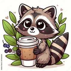 a raccoon holding a cup of coffee with leaves around it's neck