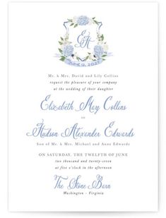 a wedding card with blue flowers on the front and bottom, featuring an ornate monogrammed