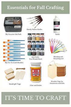 the contents of an art project including paint, paper and crafting supplies on a white background