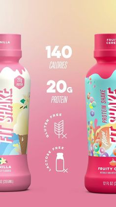 two bottles of fruit drink on a pink background