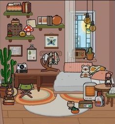 a cartoon bedroom with lots of furniture and decor