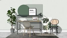 a computer desk with two chairs and a potted plant